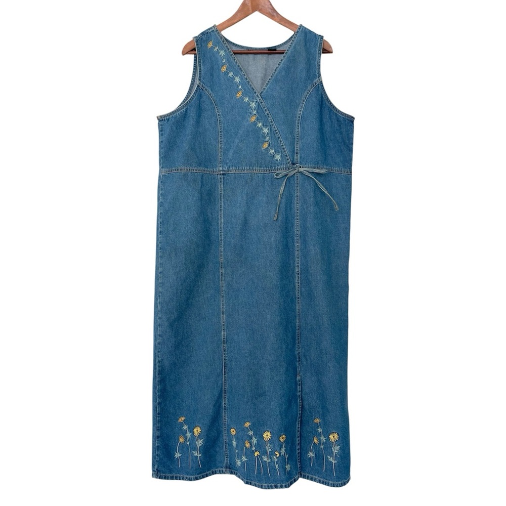 Speed Limit Denim Maxi Dress 1X Sleeveless Embroidered Daisies Cottagecore 90s - Picture 2 of 10